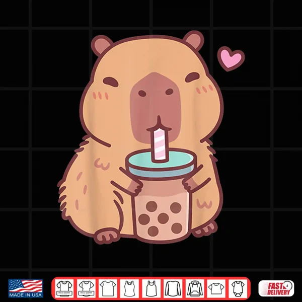 Design Cute Capybara Kawaii Anime Drinking Bubble Tea Lover Girls Shirt