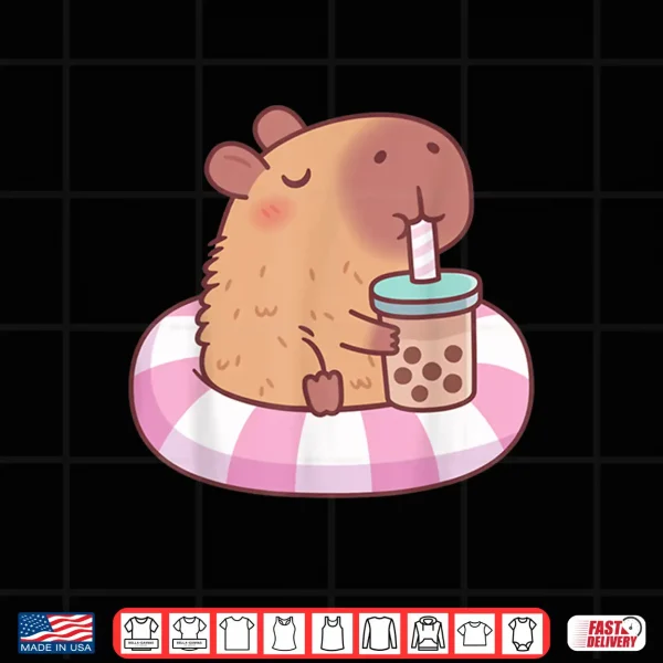 Design Cute Capybara On Pool Float Drinking Bubble Tea Lover Girls Shirt