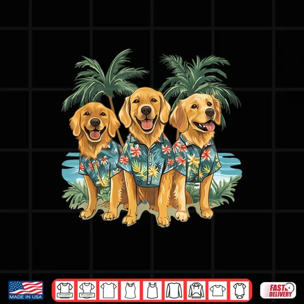 Design Cute Golden Retriever Dogs Hawaiian Tops Palm Trees Ocean Shirt