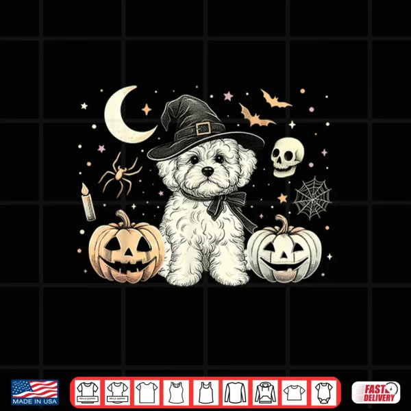 Design Cute Halloween Maltipoo Witch Pumpkins Bats Spooky Holiday Shirt