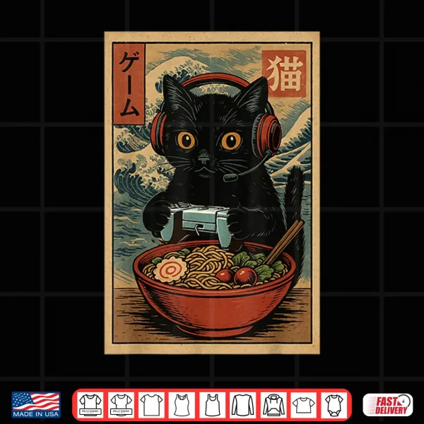 Design Cute Kawaii Gamer Cat Funny Ramen Retro Japanese Cat Gaming Shirt