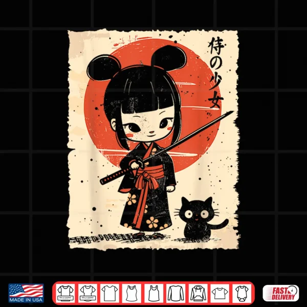 Cute Kawaii Samurai Girl With Katana & Cat Japanese Anime Shirt 4 Design Cute Kawaii Samurai Girl with Katana Cat Japanese Anime Shirt