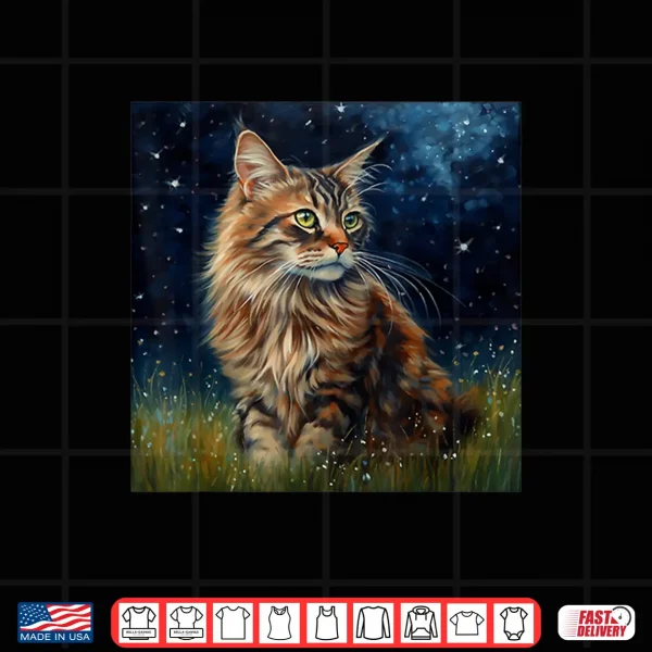 Design Cute Maine Coon Cat In A Starry Sky Night Painting Shirt