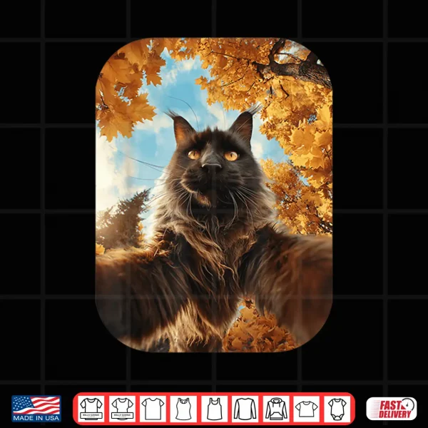 Design Cute Maine Coon Cat Selfie Fall Leaves Forest Autumn Animal Shirt