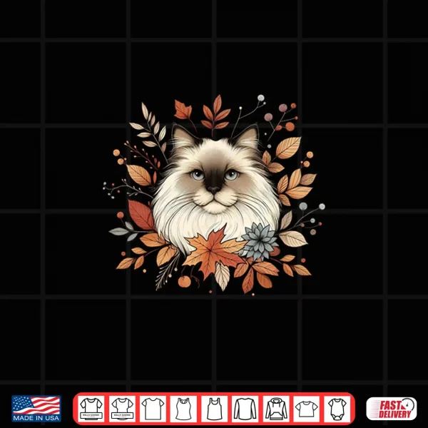 Design Cute Ragdoll Cat Autumn Fall Red Leaves Holiday Thanksgiving Shirt
