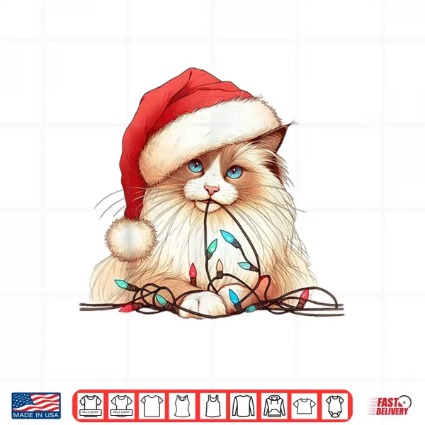 Design Cute Ragdoll Cat Chew Christmas Light Cord Xmas Holiday Fun Shirt