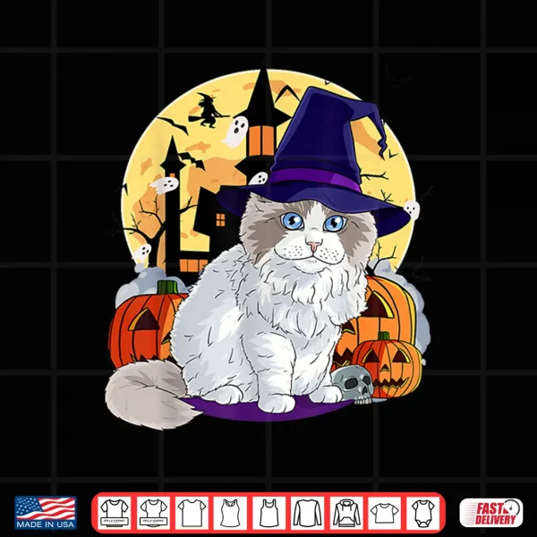 Design Cute Ragdoll Cat Halloween Witch Pumpkin Men Women Kids Shirt