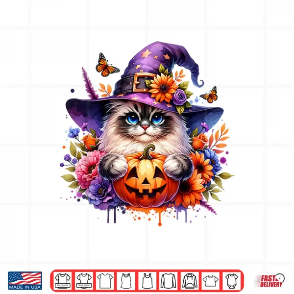 Design Cute Ragdoll Cat Halloween Witch hat Scary Pumpkin Flowers Shirt
