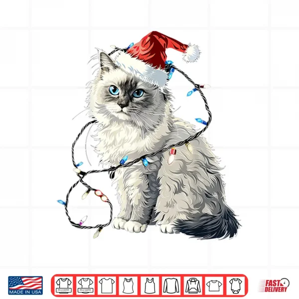 Design Cute Ragdoll Cat Santa Hat Christmas Lights Feline Shirt