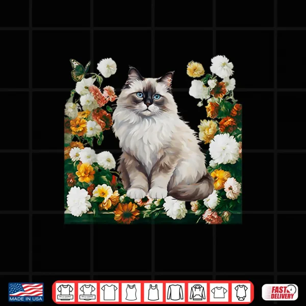 Design Cute Ragdoll Cat With Golden Hour Cottage Flowers Botanical Shirt