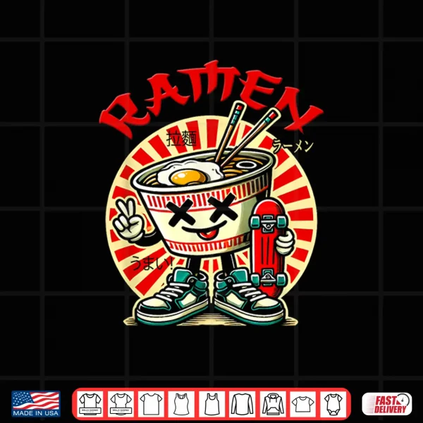 Design Cute Ramen Skater Tee Kawaii Anime Skateboard Lover Teens Shirt