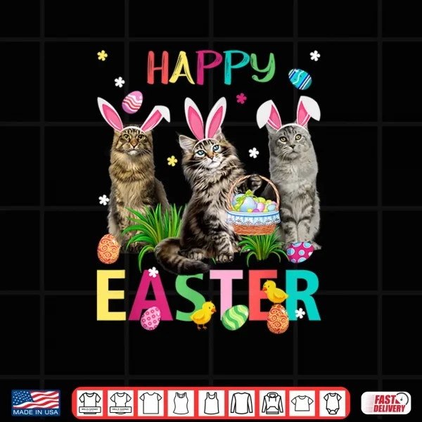 Design Cute Three Maine Coon Cats Wear Bunny Ears Happy Easter Day Shirt