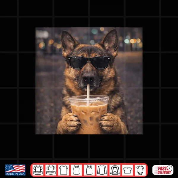 Design Dog German Shepherd Drinking Iced Coffee Funny Animal Meme Shirt