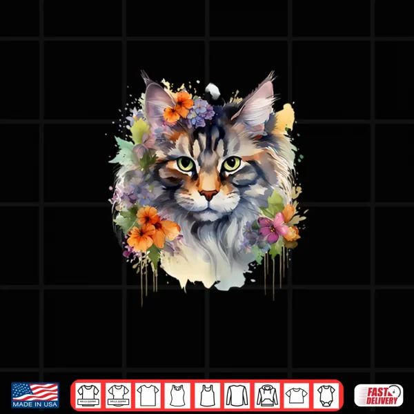 Design Floral Watercolor Maine Coon Cat Shirt