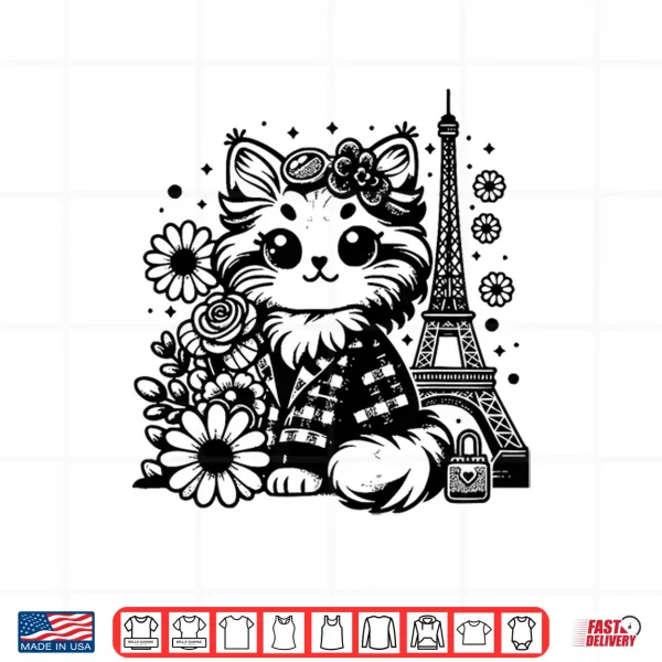 Design French Paris Eiffel Tower Kawaii Mainecoon Cat Flowers Shirt