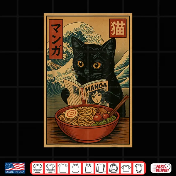 Design Funny Anime Cat Reading Manga Ramen Bowl Retro Japanese Cat Shirt