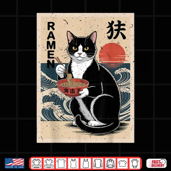 Design Funny Anime Tuxedo Cat Eating Ramen Noodle Mom Dad Toddler Shirt