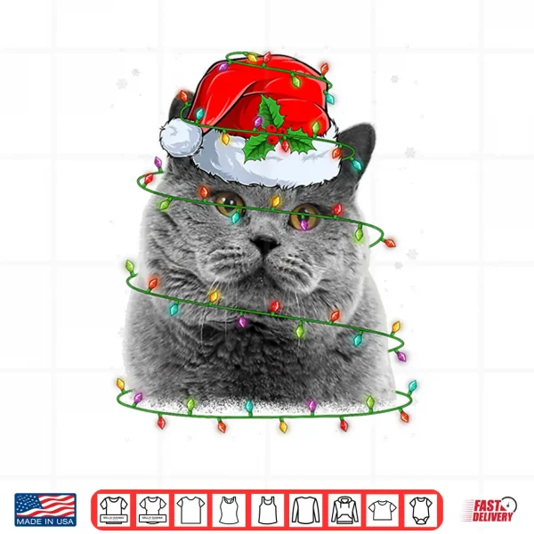 Design Funny British Shorthair Cat Santa Hat Christmas Tree Lights Shirt