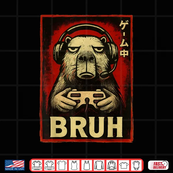 Design Funny Capybara Gamer Bruh Graphic Tee Men Boys Teens Gaming Shirt