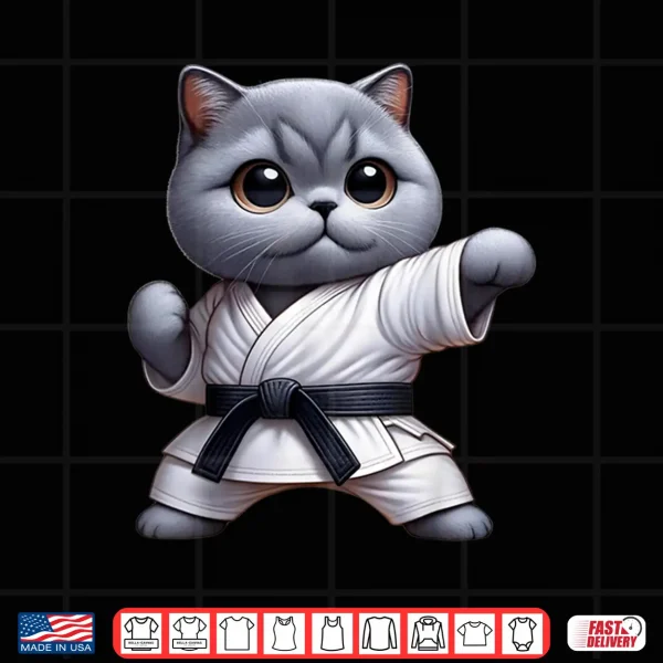 Design Funny Cat British Shorthair Wearing Karate Gi Black Belt Shirt