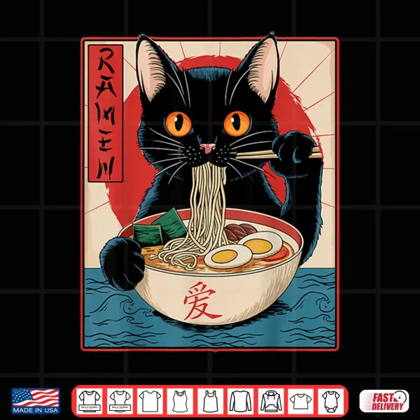 Design Funny Cat Eating Ramen Japanese Kawaii Anime Gifts Shirt