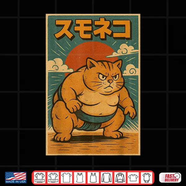 Design Funny Cat Sumo Wrestler Japanese Art Anime Ukiyo e Graphic Shirt