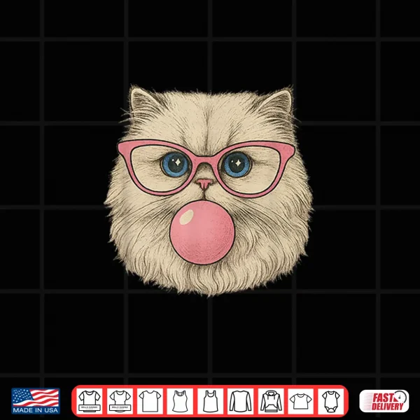 Design Funny Cat with Pink Glasses Bubble Gum Retro Vintage Cats Shirt