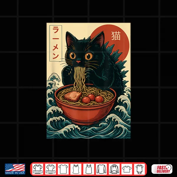 Design Funny Catzilla Anime Ramen Japanese Cat Gifts Men Women Kids Shirt