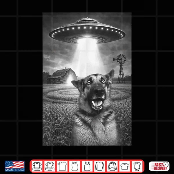 Design Funny German Shepherd Dog Shocked UFO Alien Abduction Farm Shirt