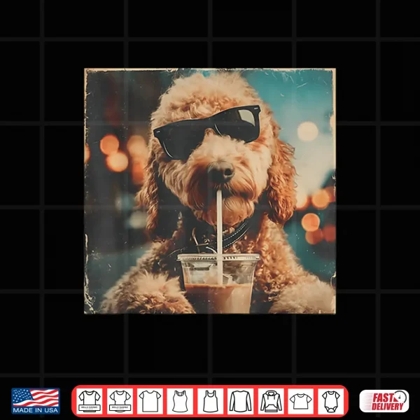 Design Funny Goldendoodle Drinking Iced Coffee Dog with Sunglasses Shirt