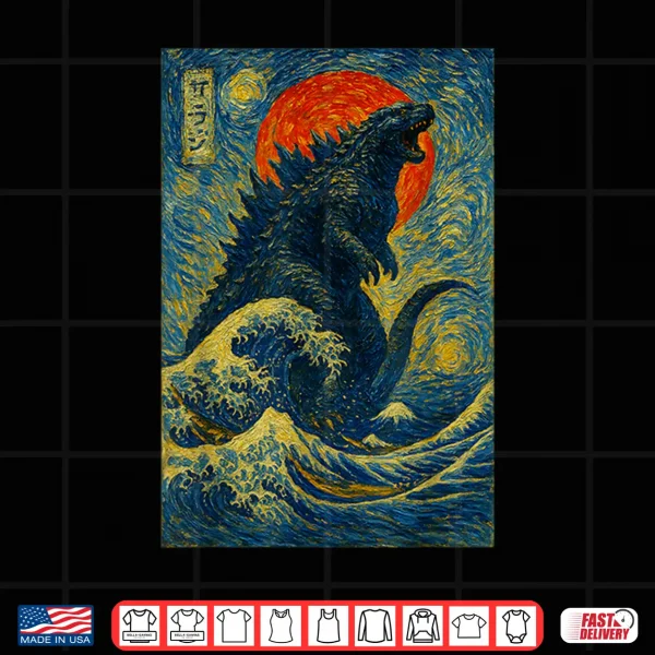 Design Funny Kaiju Starry Night Japanese Art Anime Van Gogh Graphic Shirt