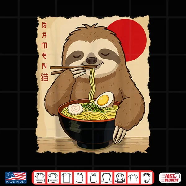 Design Funny Sloth Ramen Kawaii Anime Japanese Graphic Women Men Shirt 2