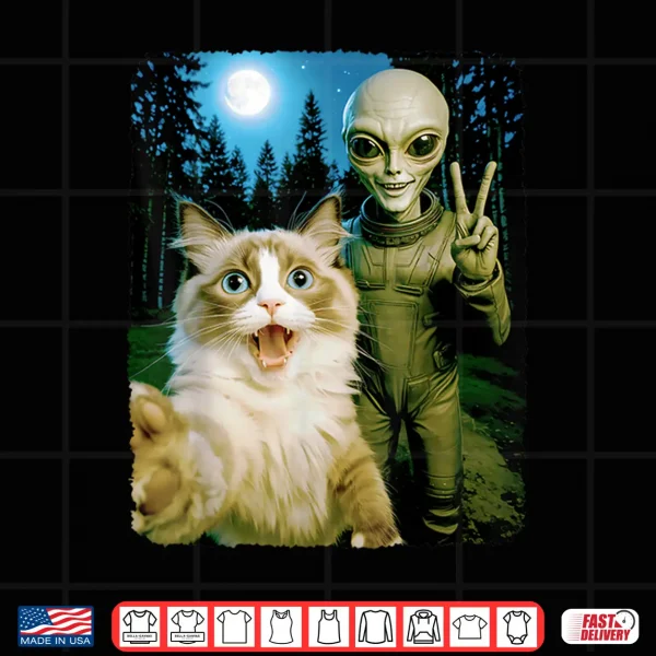 Design Funny Surprised Ragdoll Cat Selfie with Alien Peace Sign Art Shirt