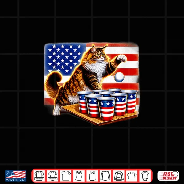 Design Funny USA Flag 4th of July Maine Coon Cat Beer Pong Champion Shirt