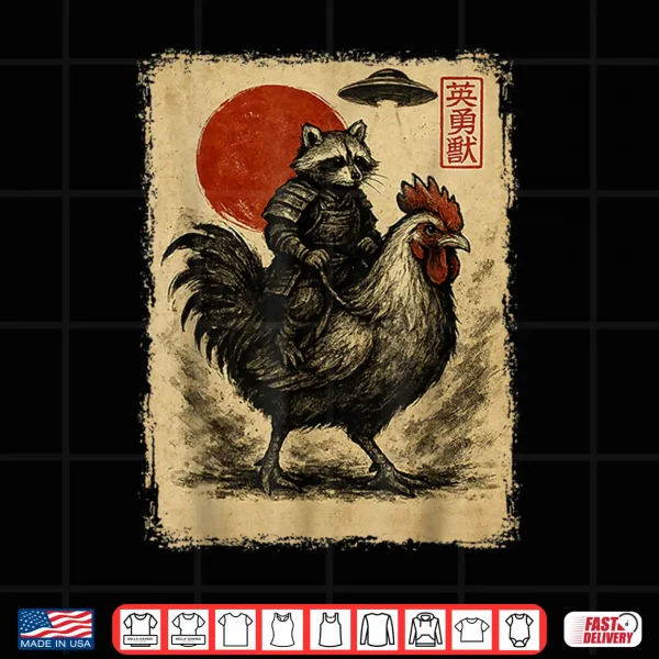 Design Funny Vintage Raccoon Rooster Chicken UFO Japanese Anime Shirt 2