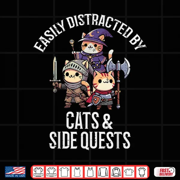 Design Gamer Easily Distracted By Cats Side Quests Men Boys Kids Shirt