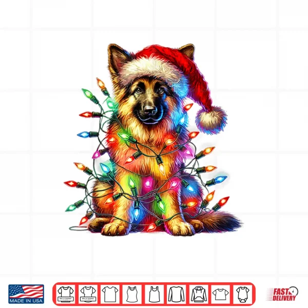 Design German Shepherd Christmas Lights Santa Hat Dog Lover Shirt