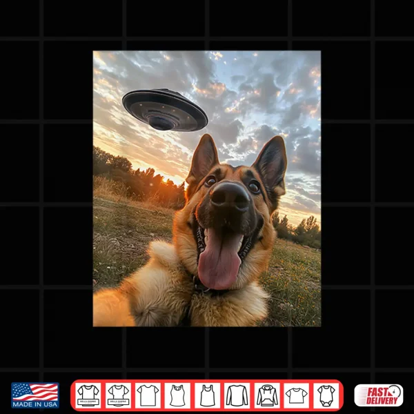 Design German Shepherd Dog Selfie With UFOs Aliens Graphic Shirt