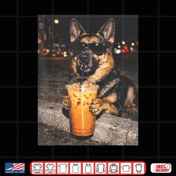 Design German Shepherd Drinking Iced Coffee Funny Dog Shirt