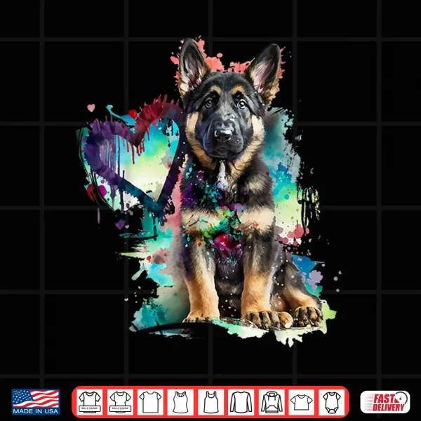 Design German Shepherd Puppy Mom Lover Watercolor Painting Heart Shirt
