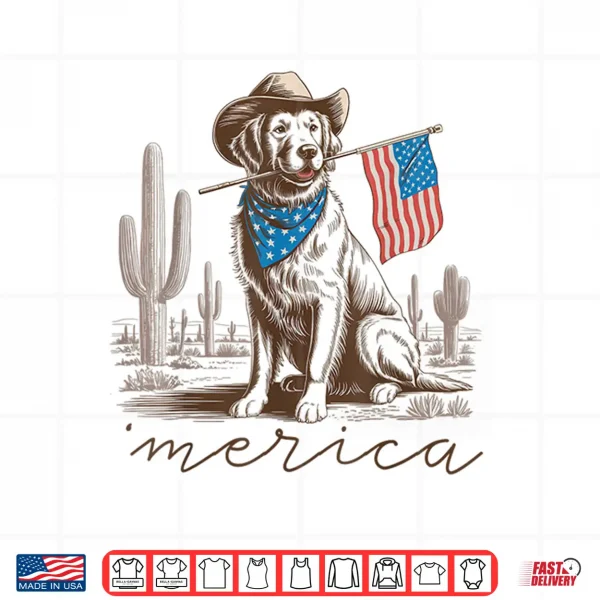 Design Golden Retriever 4th Of July Cowboy Independence US Flag Shirt