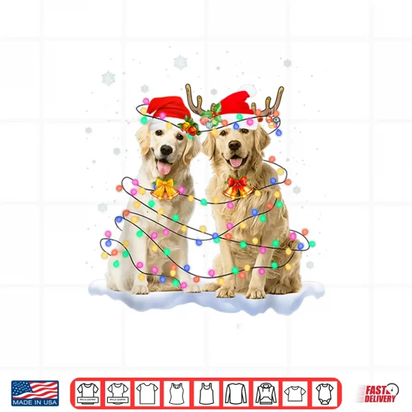 Design Golden Retriever Christmas Santa Hat Reindeer Lights Pajama Shirt