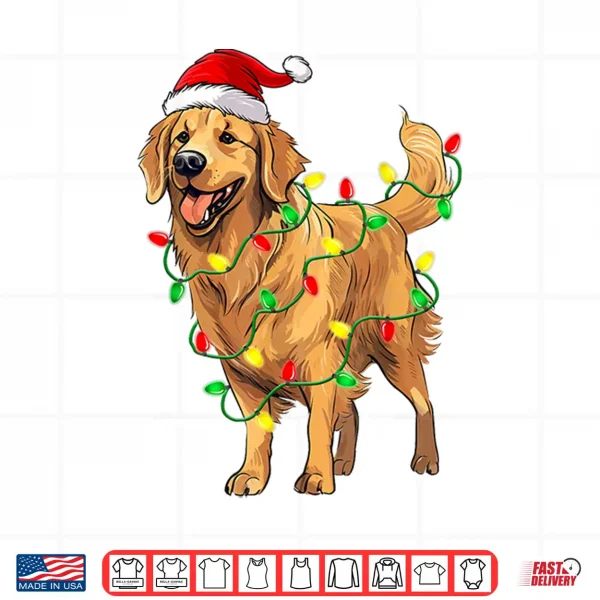 Design Golden Retriever Christmas Santa Hat Tree Lights Pajama Dog Shirt
