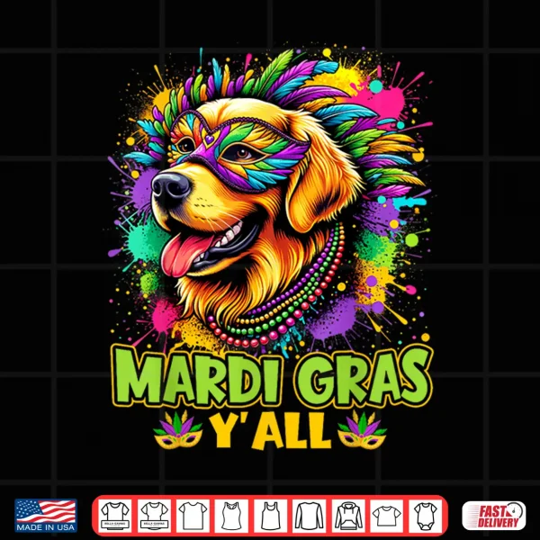 Design Golden Retriever Dog Mardi Gras Yall Beads Mask Colorful Shirt