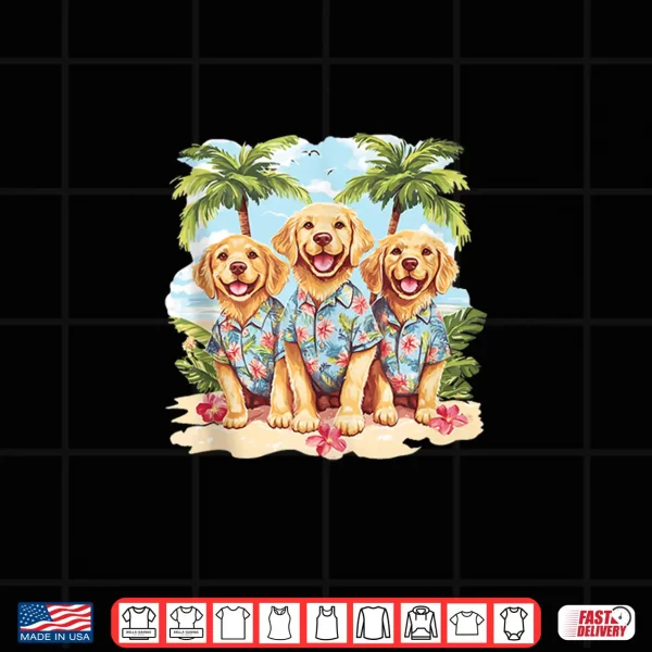 Design Golden Retriever Dogs In Cute Hawaiian Tops Palm Trees Beach Shirt