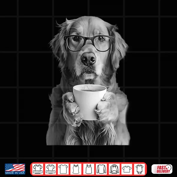 Design Golden Retriever Drinking Coffee with Glasses Funny Dog Meme Shirt