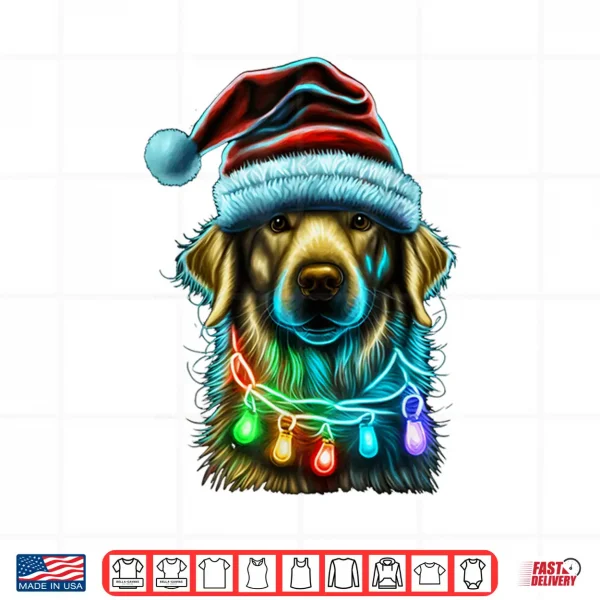 Design Golden Retriever Funny dog Christmas Santa Hat lights tree Shirt
