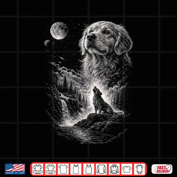 Design Golden Retriever Howling At Moon Night Vintage 90s Dogs Shirt