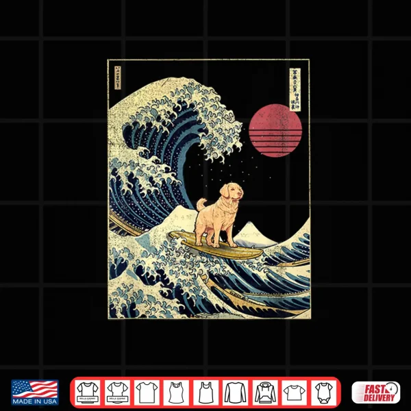 Design Golden Retriever Japanese Kanagawa Wave Surf Dog Shirt