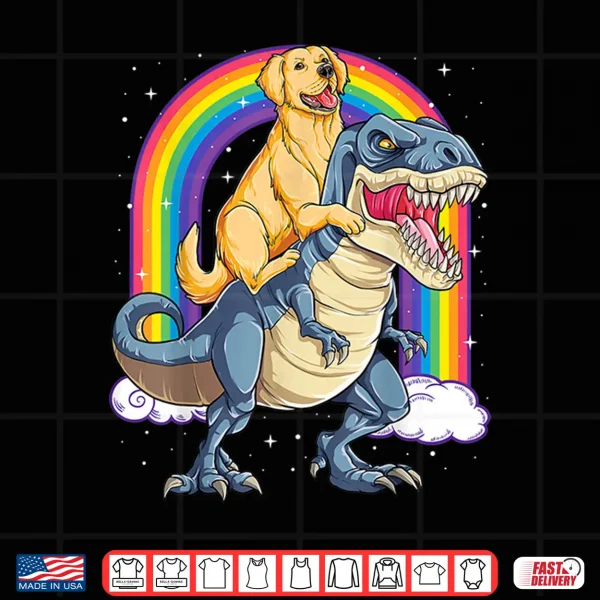 Design Golden Retriever Riding Dinosaur T rex Gifts Boys Rainbow Shirt